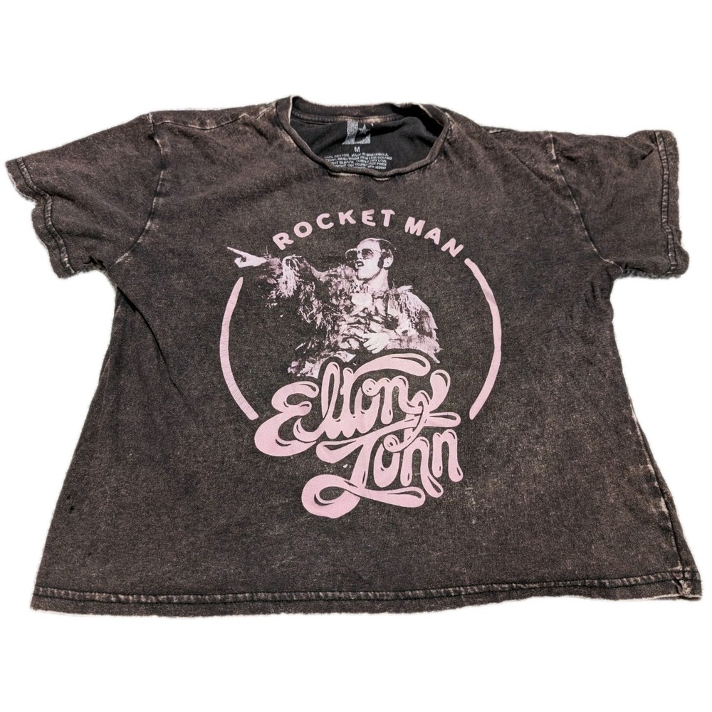 CHASER Women's High Waisted Vintage Black ROCKET MAN Graphic Cotton Crew‎ Neck M